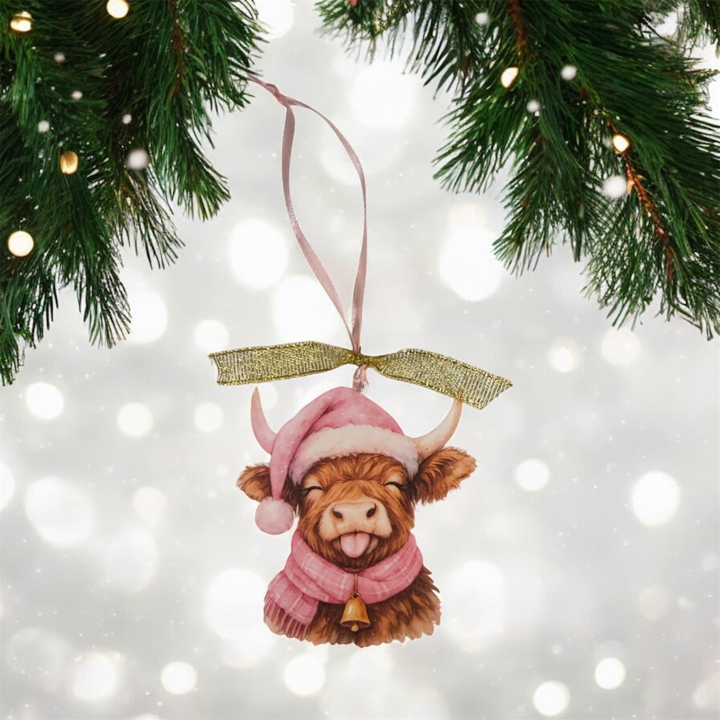 Pink Highland Cow Christmas Ornament – UV Printed Acrylic