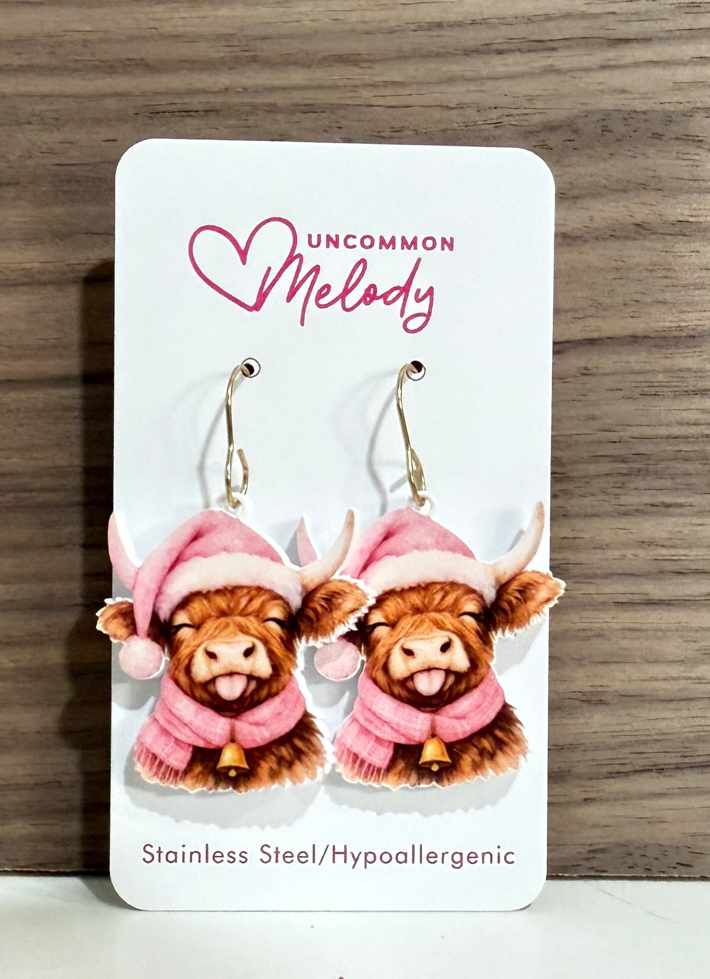 ๐ Pink Highland Cow Christmas Earrings | UV Printed Dangles โ Uncommon Melody