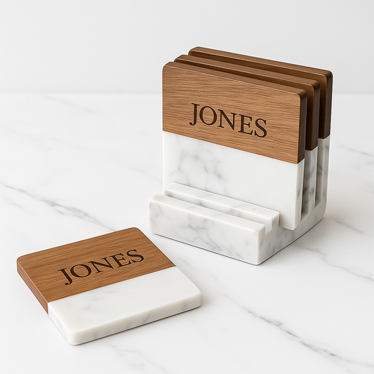 Custom Marble & Acacia Coaster Set (Set of 4) With Gift Box