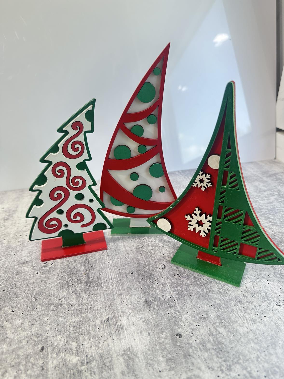 Festive Trio: Hand- Painted Christmas Tree Shelf Sitters (Set of 3)