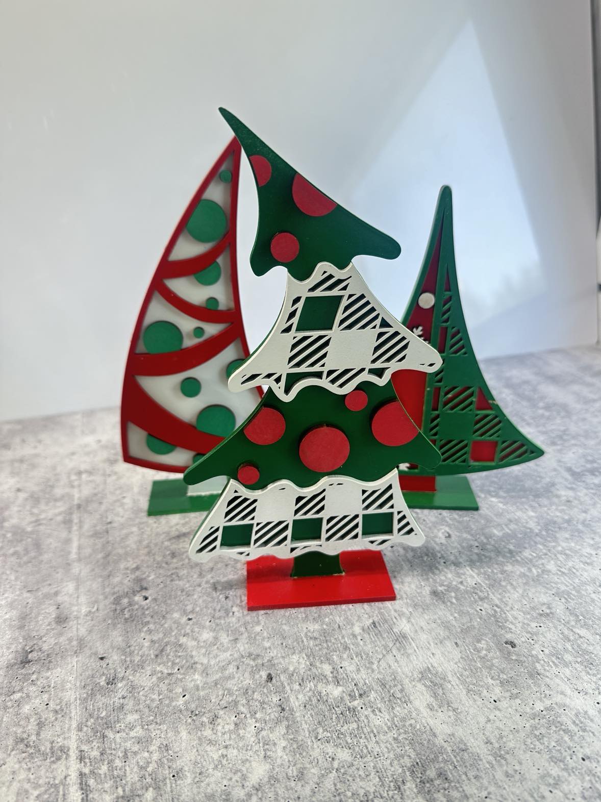 Festive Trio: Hand- Painted Christmas Tree Shelf Sitters (Set of 3)