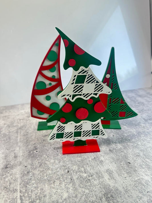 Festive Trio: Hand- Painted Christmas Tree Shelf Sitters (Set of 3)