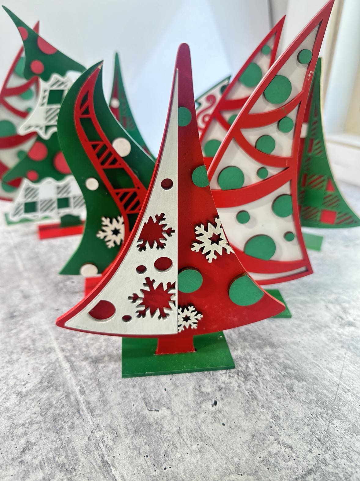 Festive Trio: Hand- Painted Christmas Tree Shelf Sitters (Set of 3)