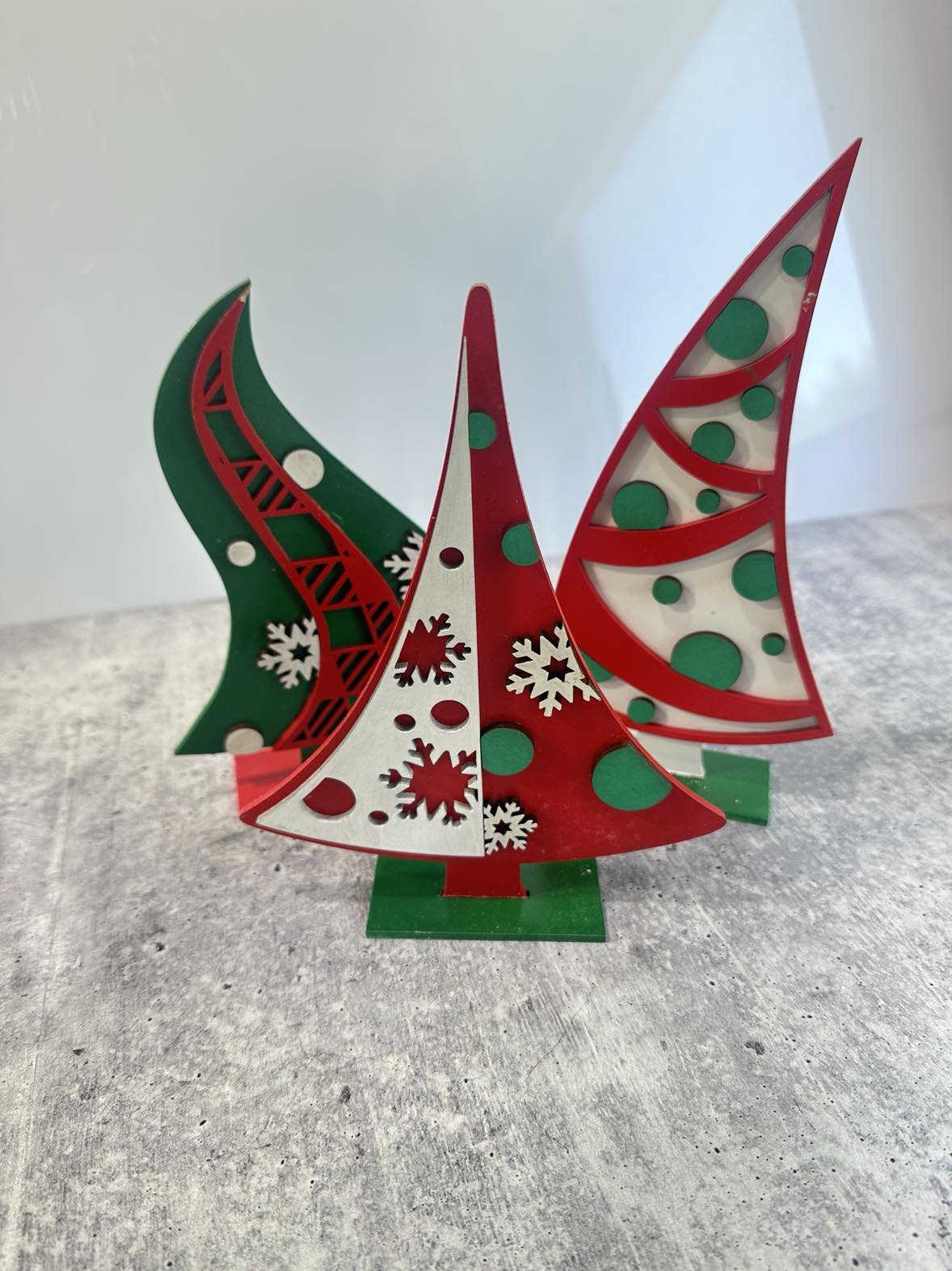 Festive Trio: Hand- Painted Christmas Tree Shelf Sitters (Set of 3)