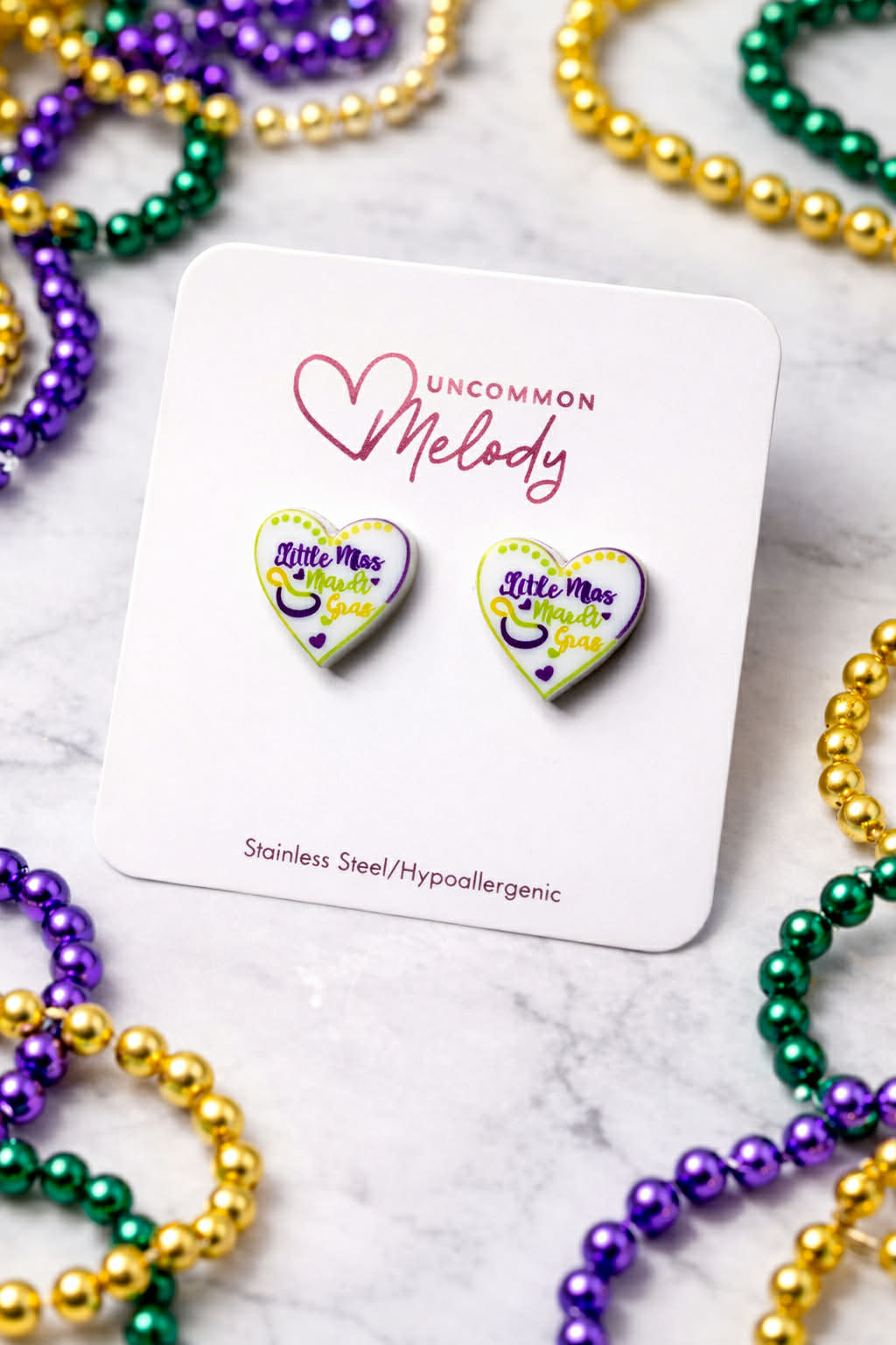 Little Miss Mardi Gras Heart Stud Earrings