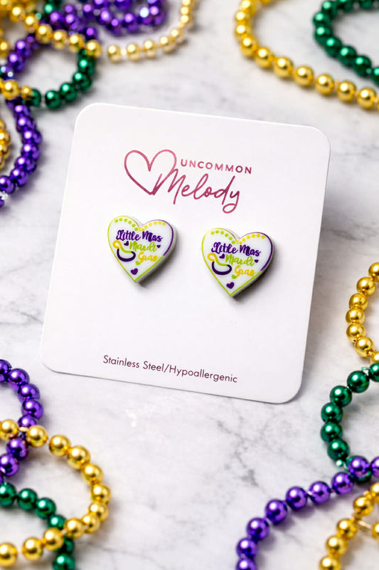 Little Miss Mardi Gras Heart Stud Earrings