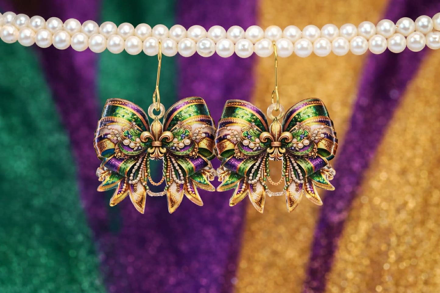 Ornate Mardi Gras Bow Dangle Earrings