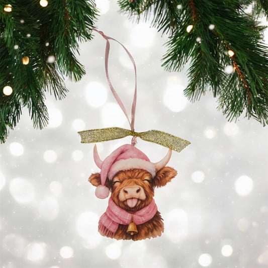 Pink Highland Cow Christmas Ornament – UV Printed Acrylic