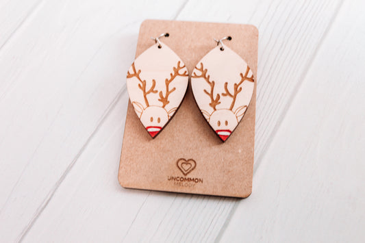 Hand-Painted Maple Wood Reindeer Earrings