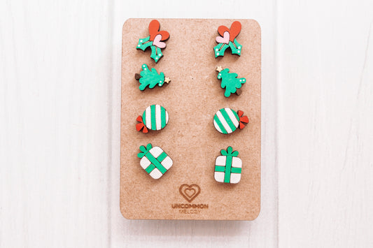 Holiday Magic Stud Earring Set – Hand-Painted Wooden Designs for Festive Fun (Set of 4)