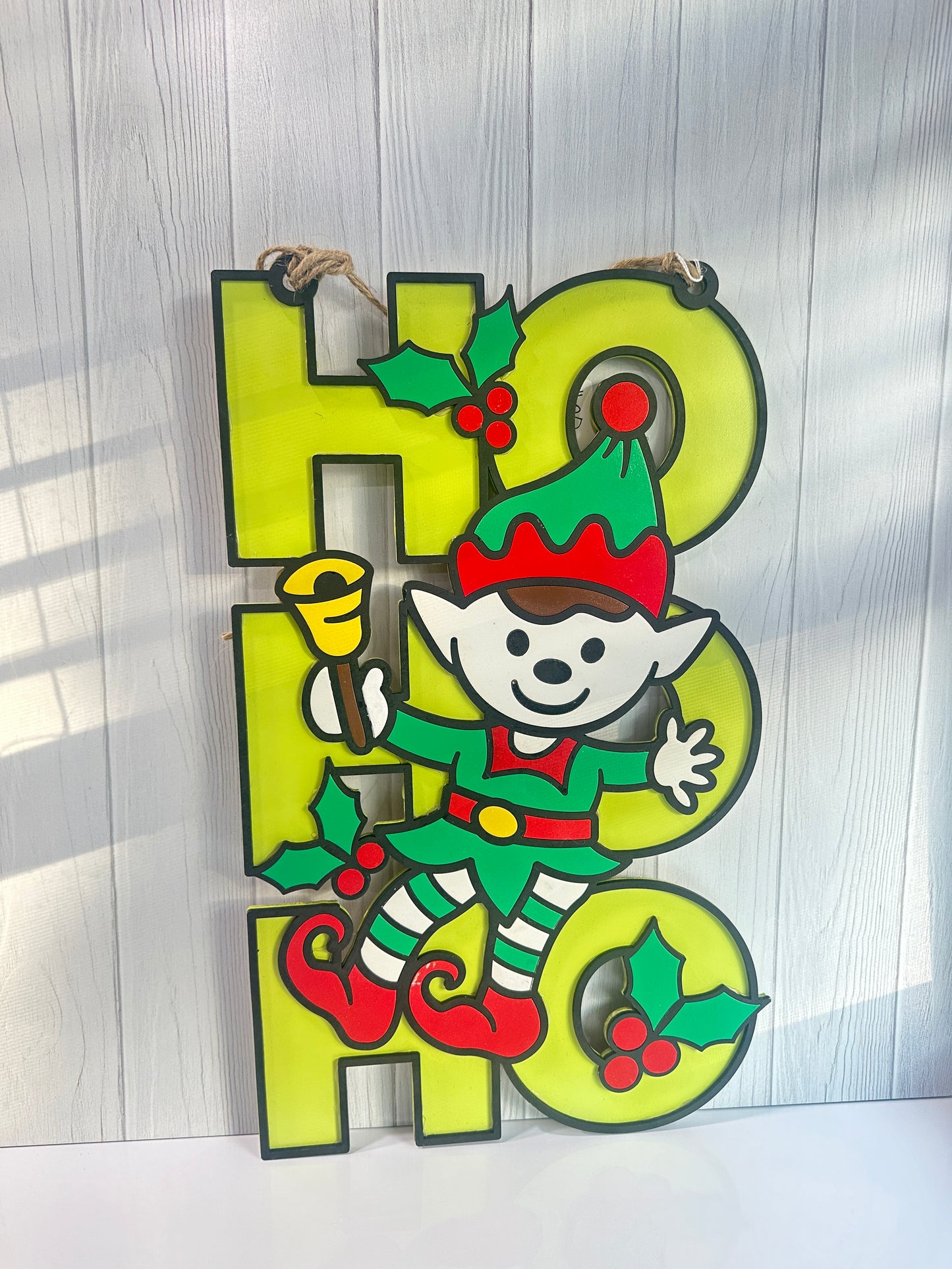 Festive Elf ‘Ho Ho Ho’ Hanging Sign – Holiday Décor