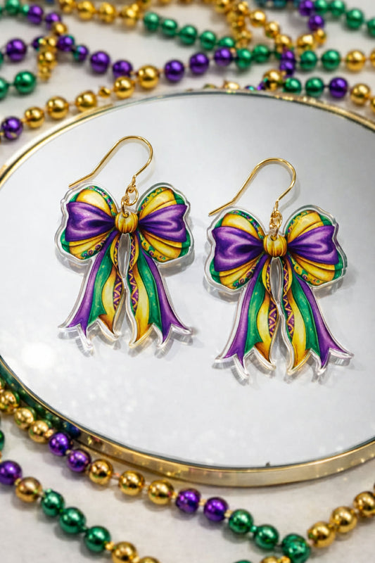 Mardi Gras Bow Dangle Earrings